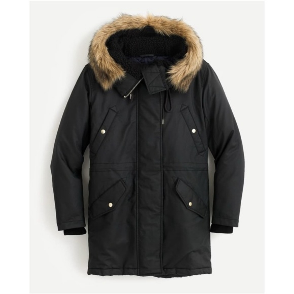 J. Crew Parka Womens Size Tall Small Black Perfect Winter Coat Faux Fur Hooded